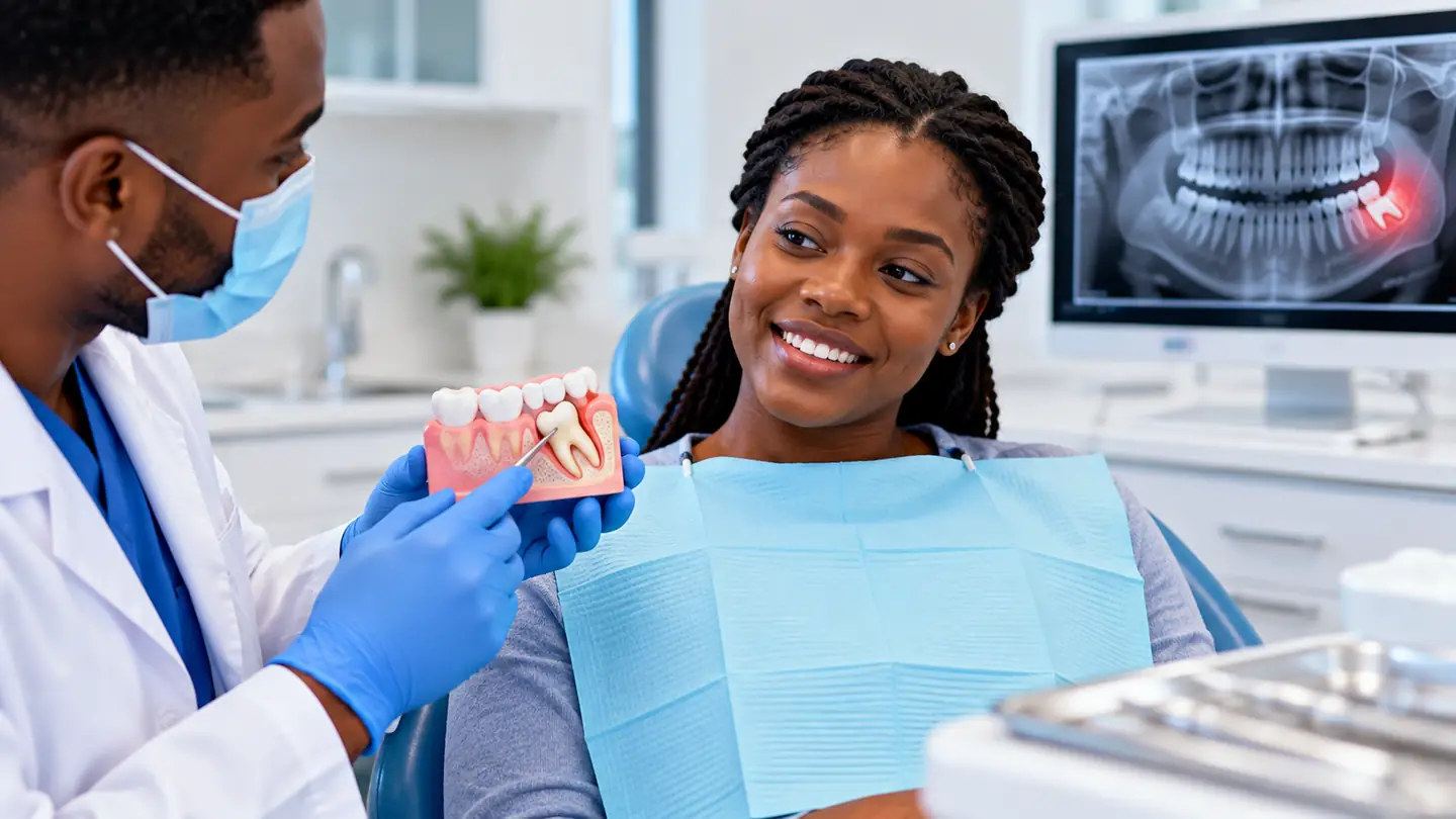 Dentist explaining an impacted wisdom tooth to a patient before extraction
