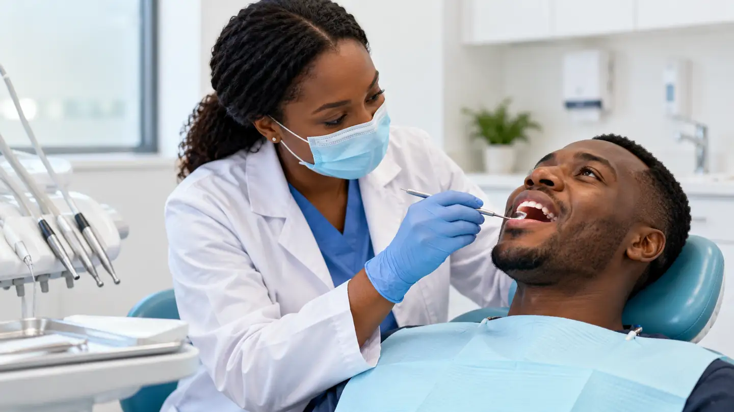Dentist examining a patient during a routine dental check-up